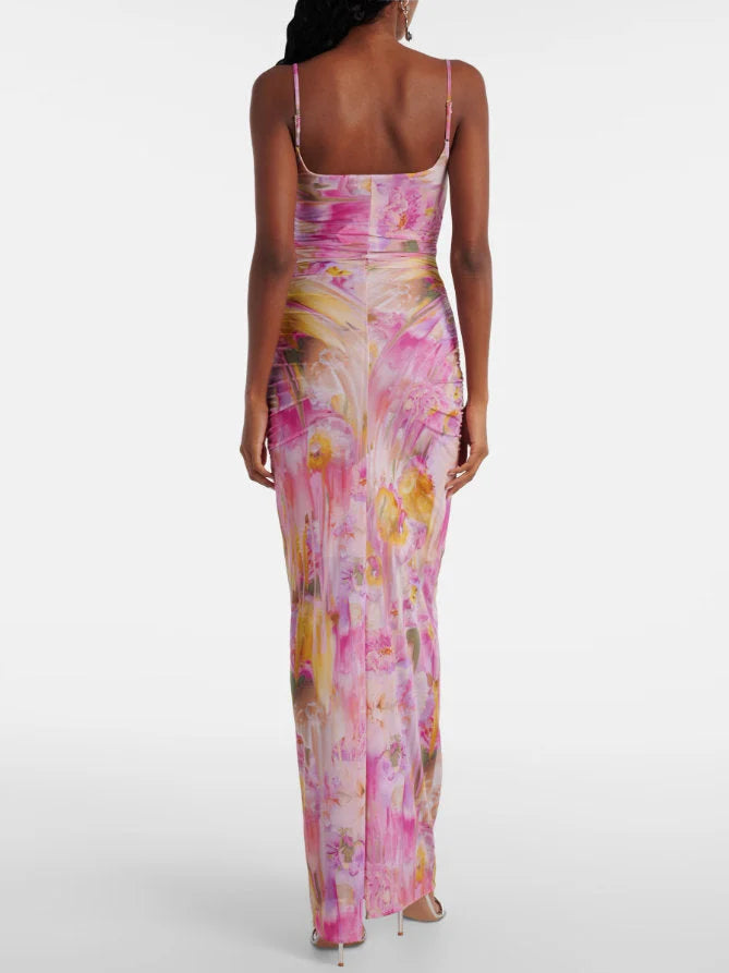 Pink Floral Watercolor Print Jersey Gown - Dresses