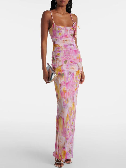 Pink Floral Watercolor Print Jersey Gown - Small - Dresses