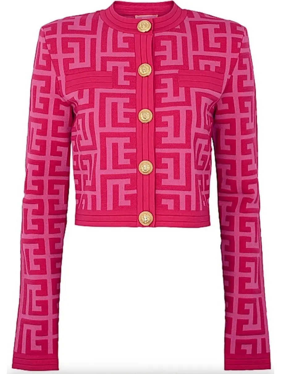 Pink Monogram Cropped Jacquard-Knit Cardigan - Sweaters & Knitwear