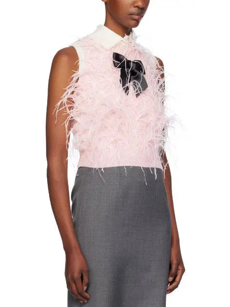 Pink Ostrich Feather Knit Vest Top with Black Bow - Tops