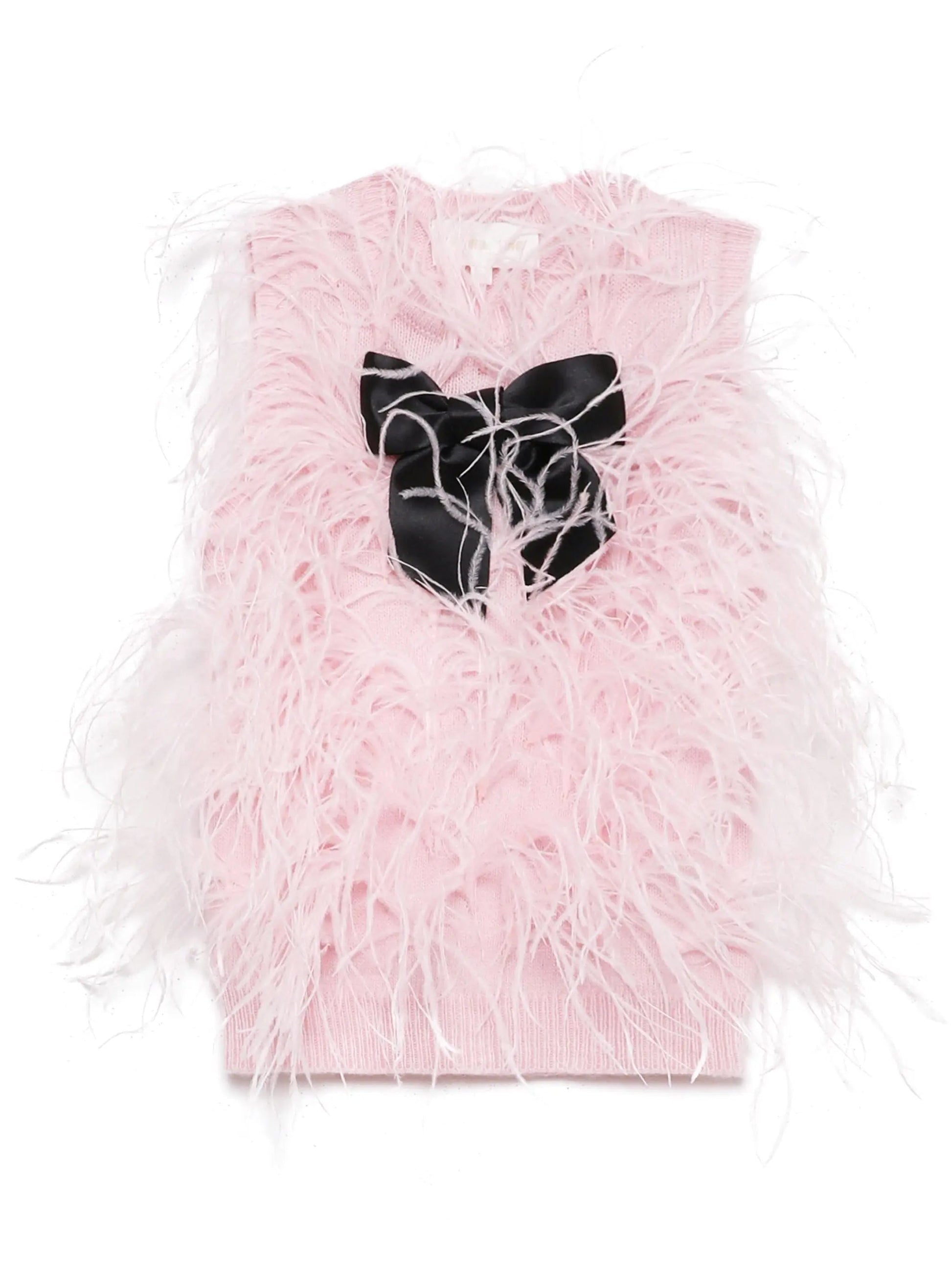 Pink Ostrich Feather Knit Vest Top with Black Bow - Tops