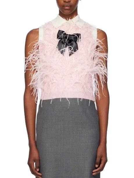 Pink Ostrich Feather Knit Vest Top with Black Bow - Tops