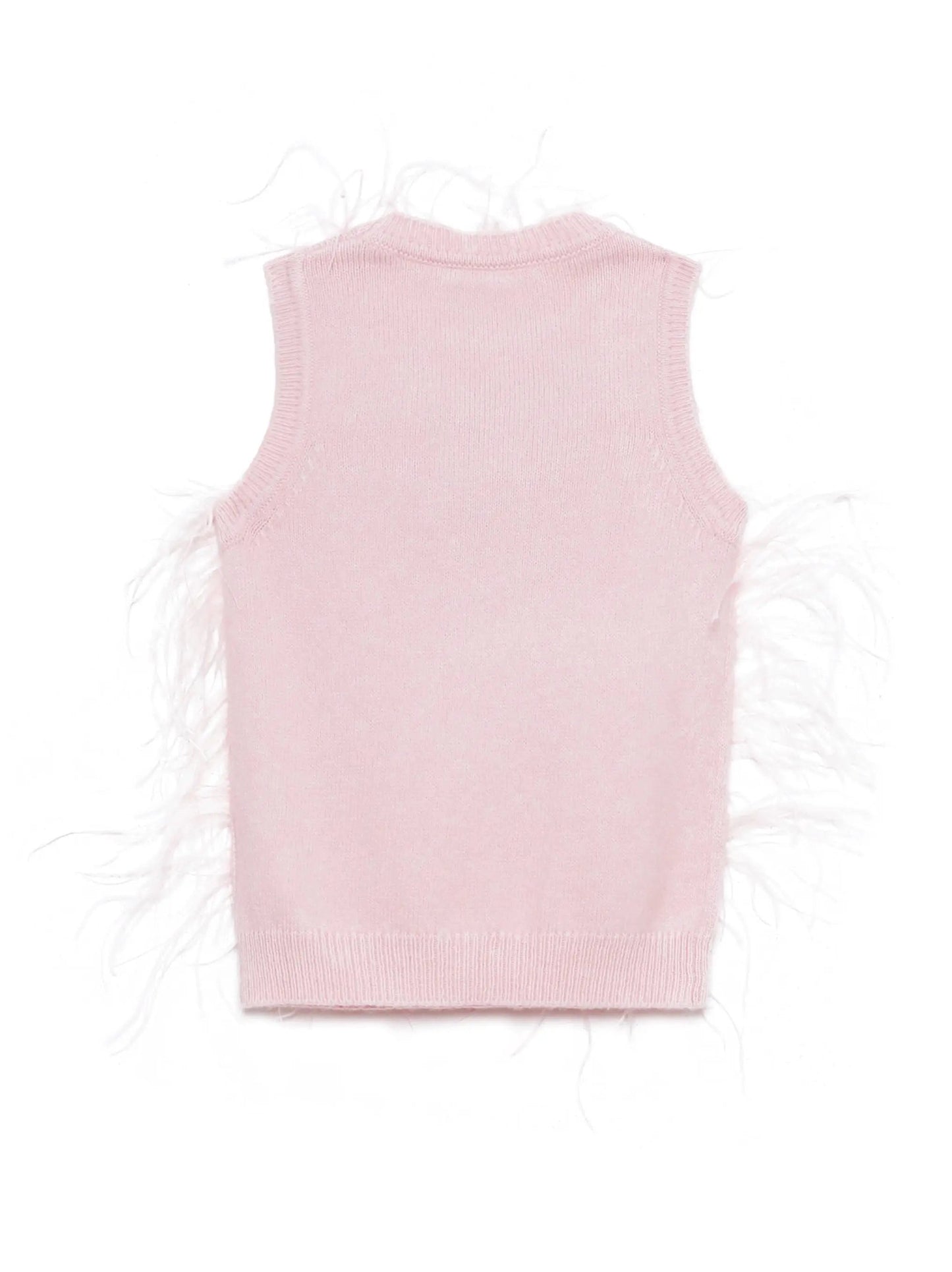 Pink Ostrich Feather Knit Vest Top with Black Bow - Tops