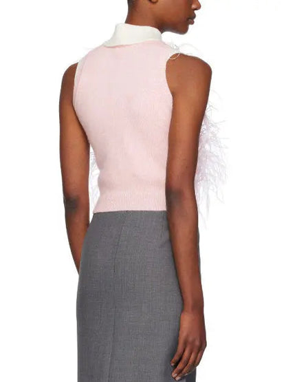 Pink Ostrich Feather Knit Vest Top with Black Bow - Tops