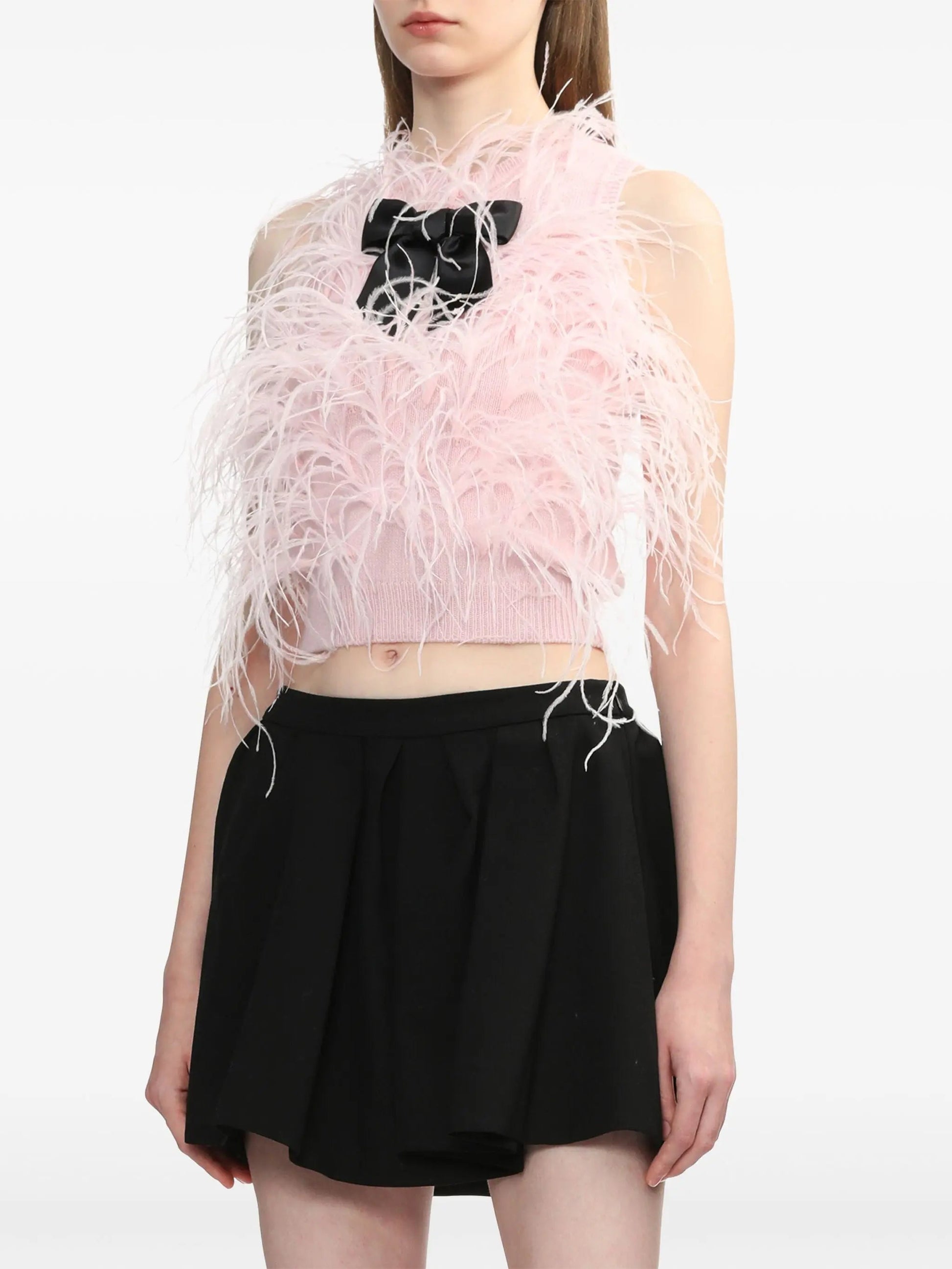 Pink Ostrich Feather Knit Vest Top with Black Bow - Tops