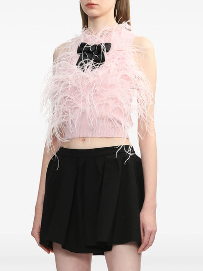 Pink Ostrich Feather Knit Vest Top with Black Bow - Tops