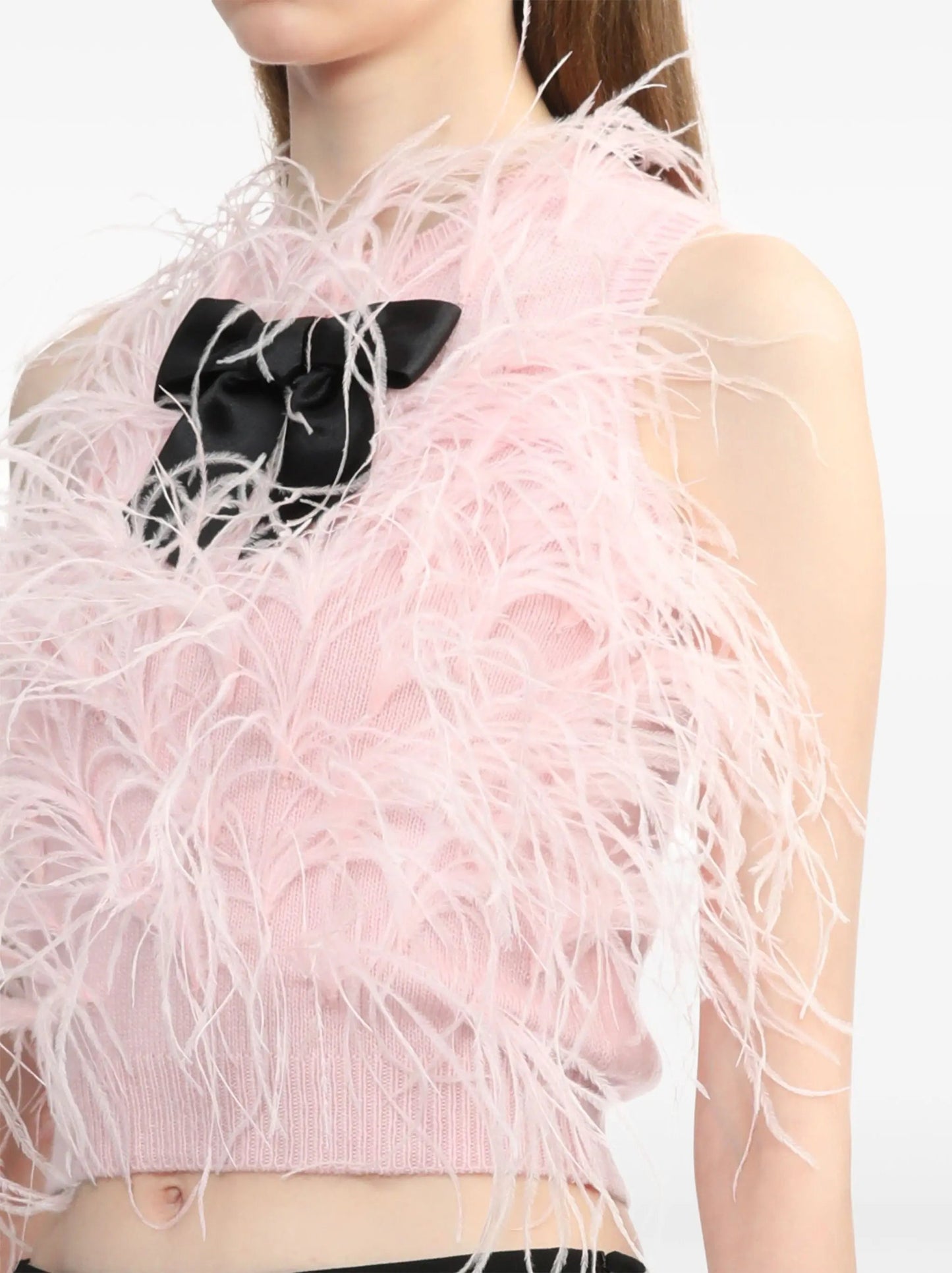 Pink Ostrich Feather Knit Vest Top with Black Bow - Tops