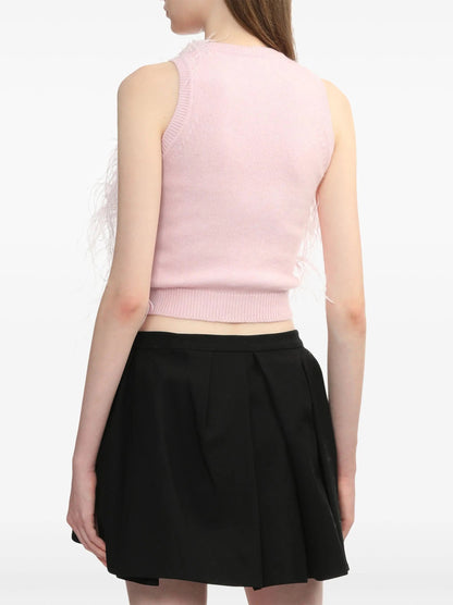 Pink Ostrich Feather Knit Vest Top with Black Bow - Tops