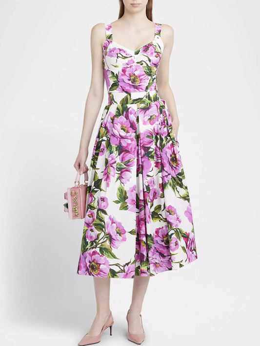 Floral print midi dress featuring pink peony-print floral bustier and pleated skirt set