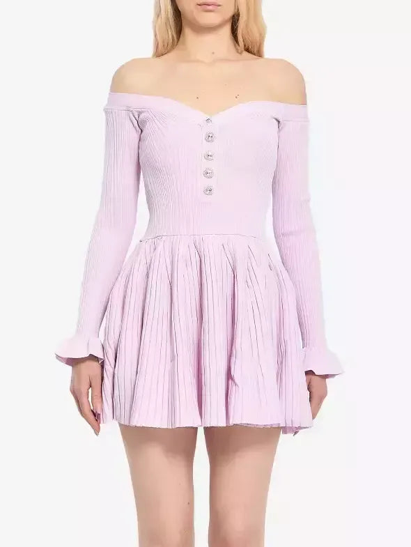 Pink Ribbed Knit Off-Shoulder Mini Dress - Dresses
