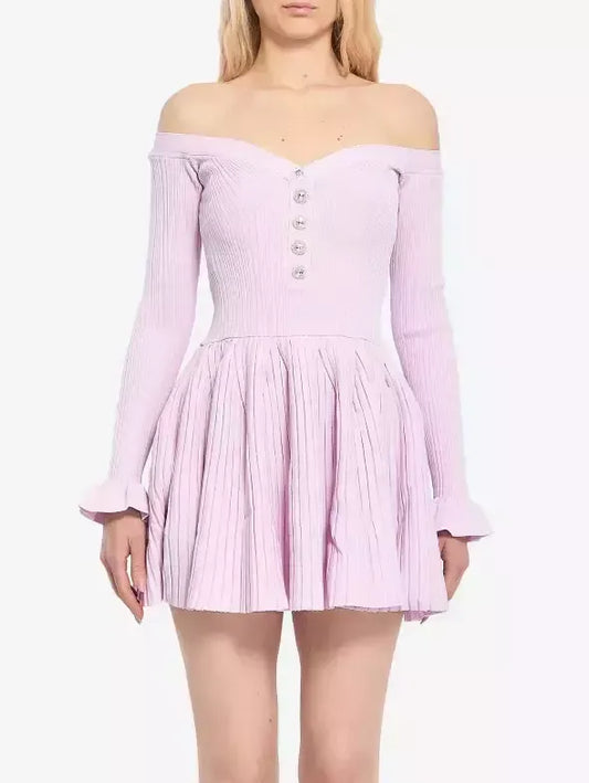 Pink Ribbed Knit Off-Shoulder Mini Dress - Dresses