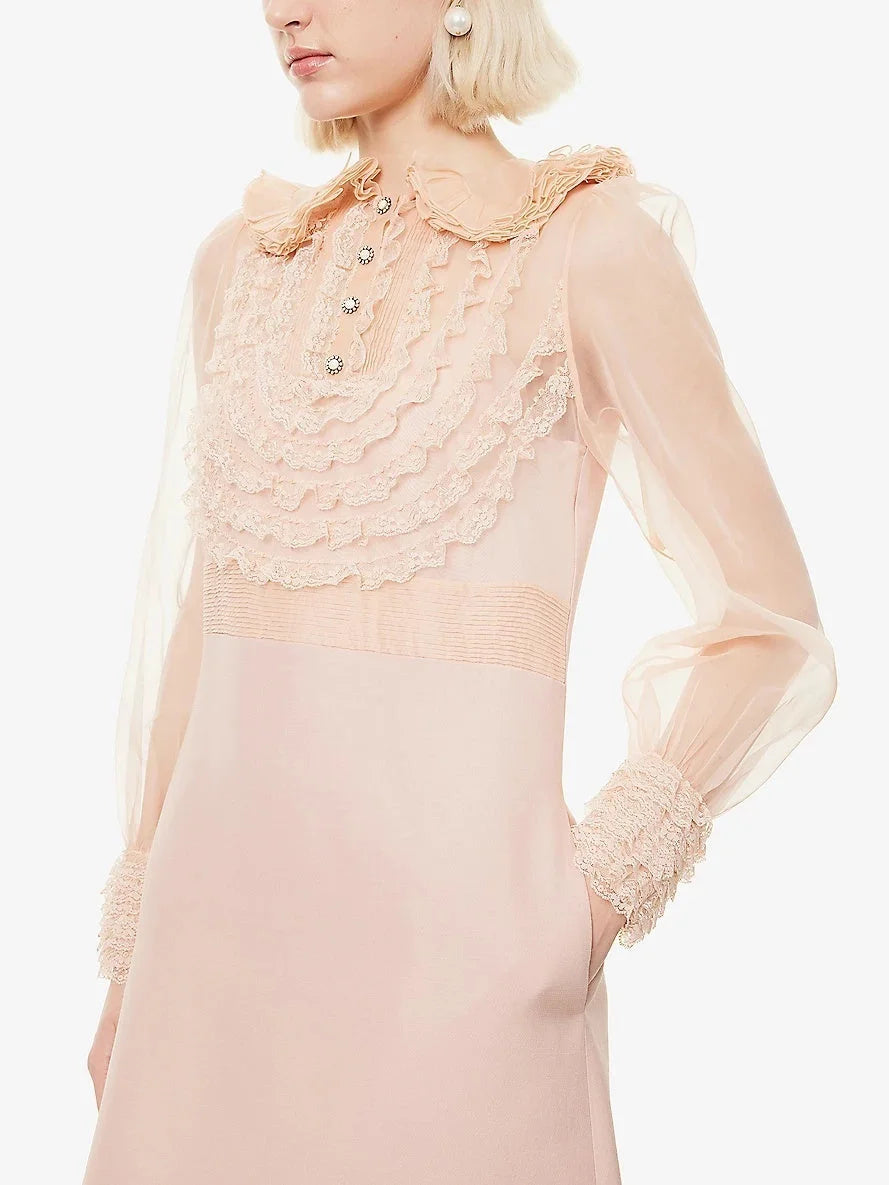 Pink Ruffle Lace-Trim Long-Sleeve Mini Dress - Dresses