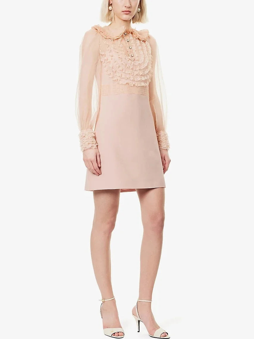 Pink Ruffle Lace-Trim Long-Sleeve Mini Dress - Dresses