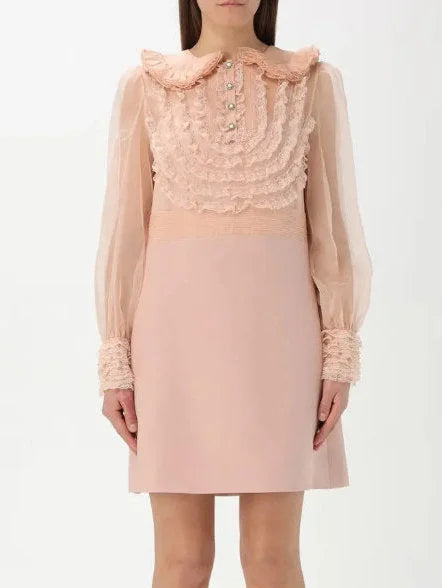 Pink Ruffle Lace-Trim Long-Sleeve Mini Dress - Dresses