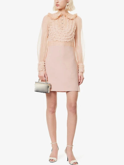 Pink Ruffle Lace-Trim Long-Sleeve Mini Dress - Dresses