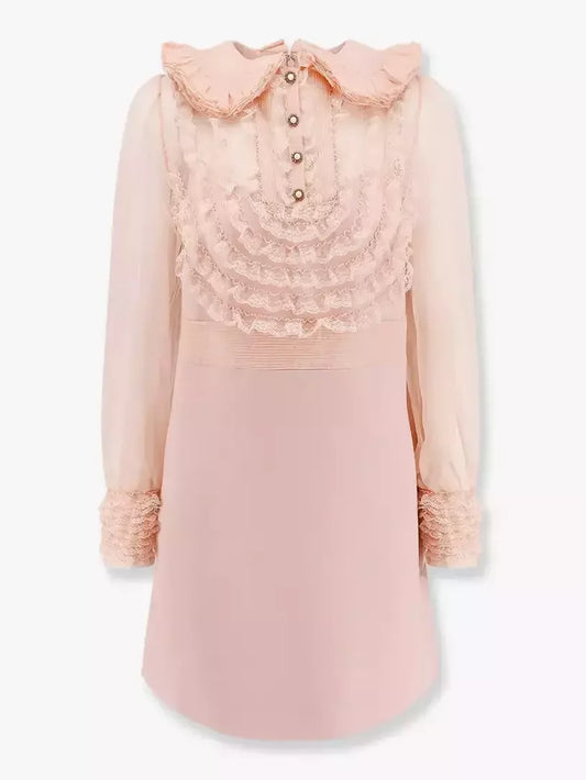 Pink Ruffle Lace-Trim Long-Sleeve Mini Dress - Small - Dresses