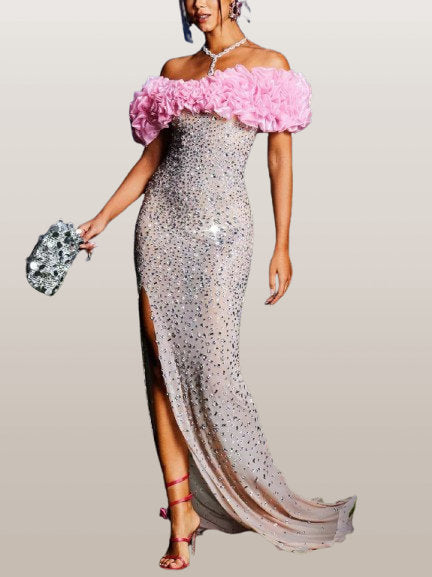 Pink Ruffled Off-Shoulder Embellished Gown - Dresses