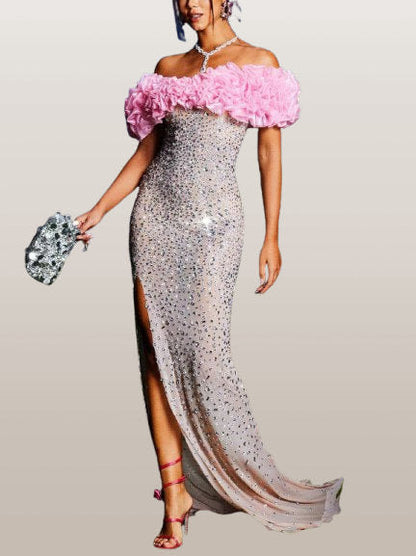 Pink Ruffled Off-Shoulder Embellished Gown - Dresses