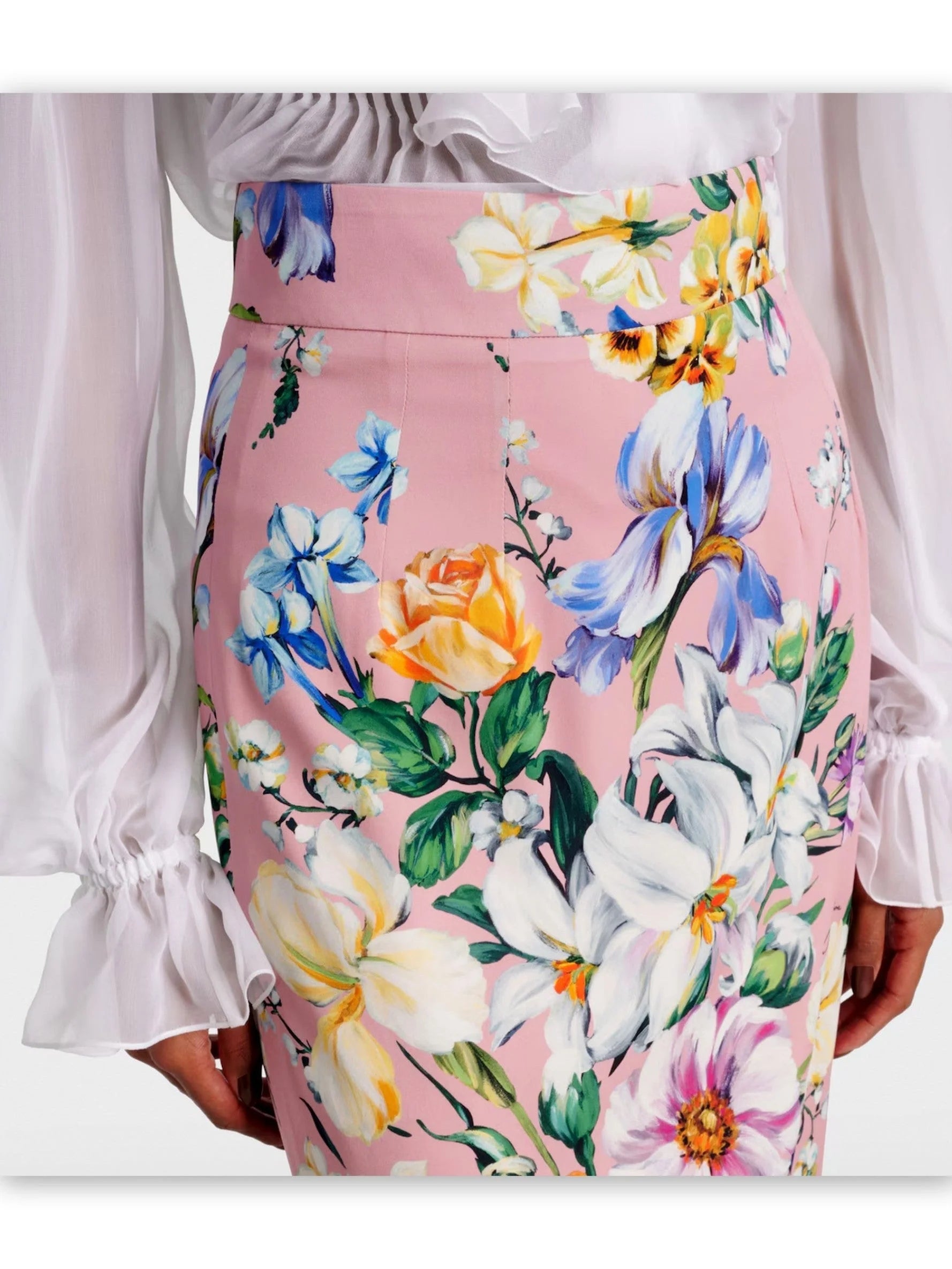 Pink Silk Pencil Skirt with Multicolor Floral Print - Skirts