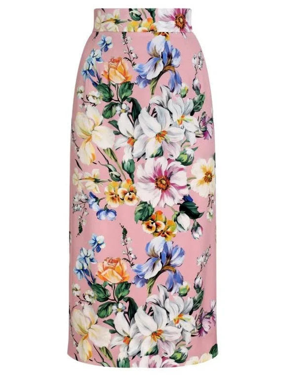 Pink Silk Pencil Skirt with Multicolor Floral Print - S - Skirts