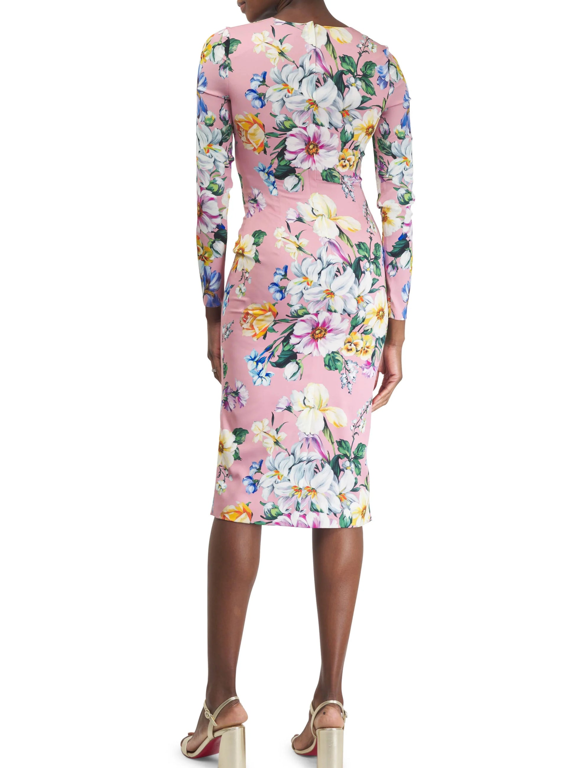 Pink Silk Sheath Dress with Multicolor Floral Print - Dresses