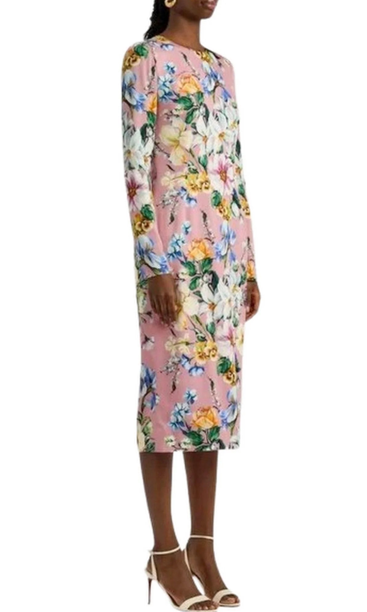 Pink Silk Sheath Dress with Multicolor Floral Print - Dresses