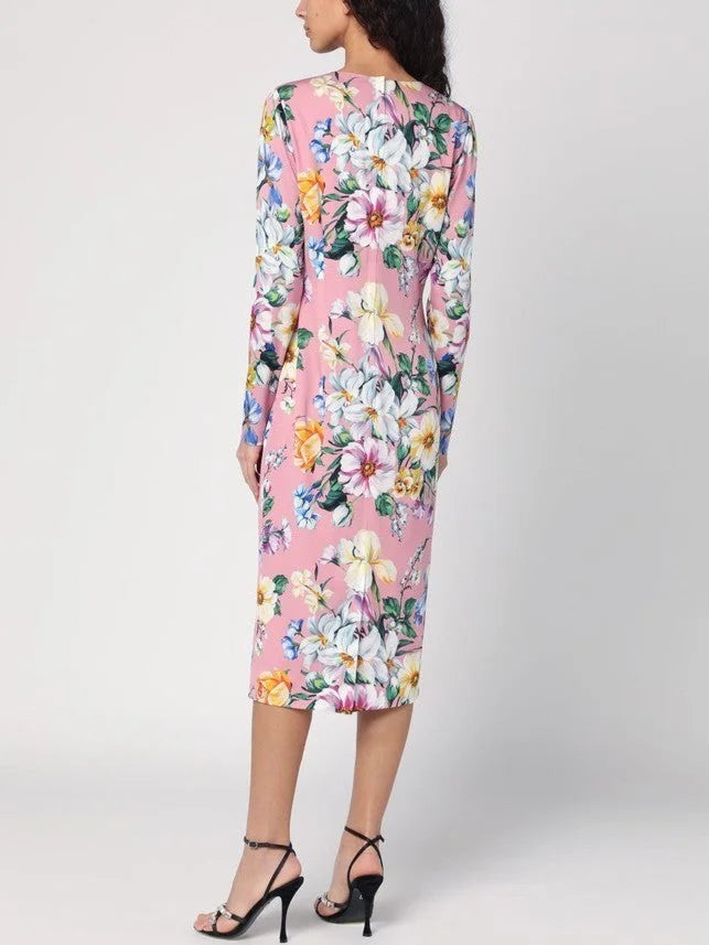 Pink Silk Sheath Dress with Multicolor Floral Print - Dresses
