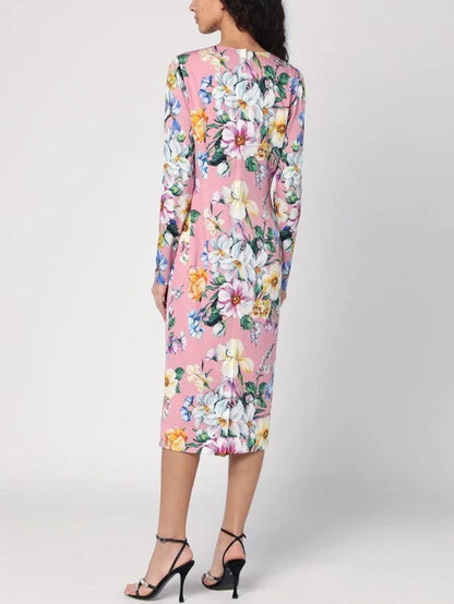 Pink Silk Sheath Dress with Multicolor Floral Print - Dresses