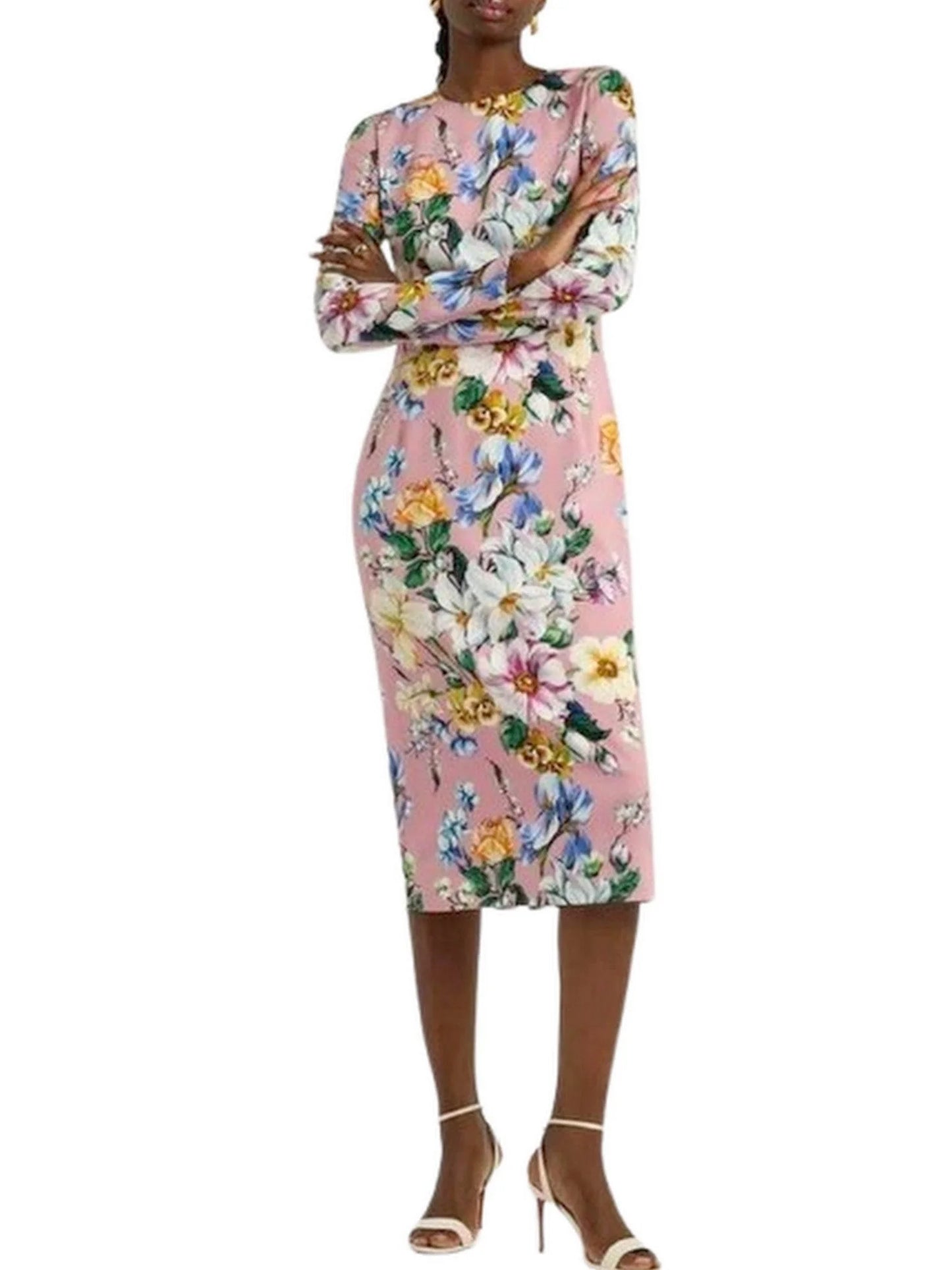 Pink Silk Sheath Dress with Multicolor Floral Print - Dresses