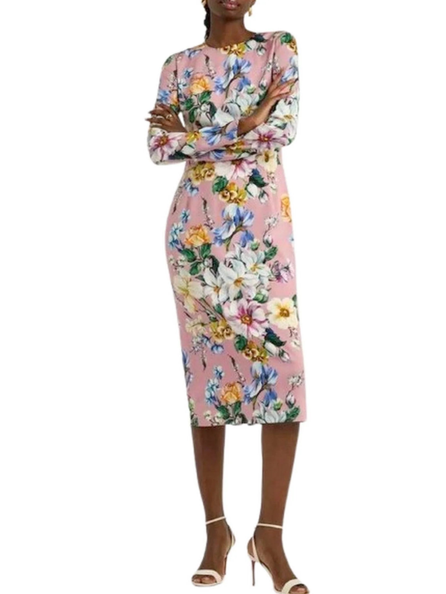 Pink Silk Sheath Dress with Multicolor Floral Print - Dresses