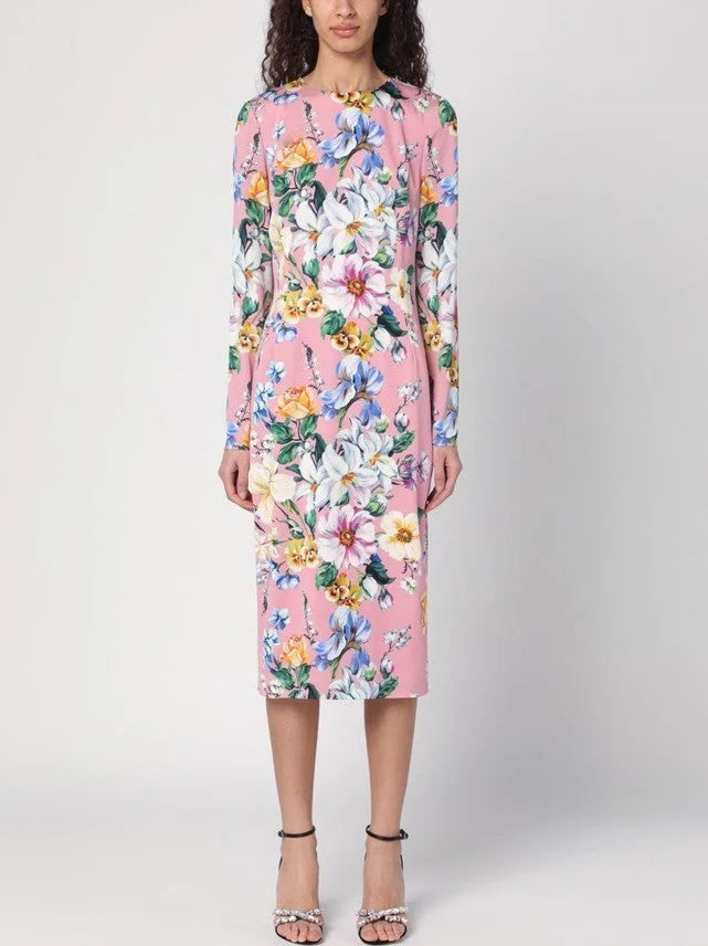 Pink Silk Sheath Dress with Multicolor Floral Print - Dresses