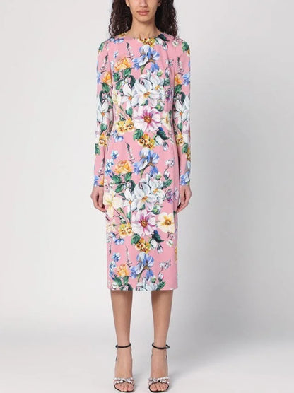Pink Silk Sheath Dress with Multicolor Floral Print - Dresses