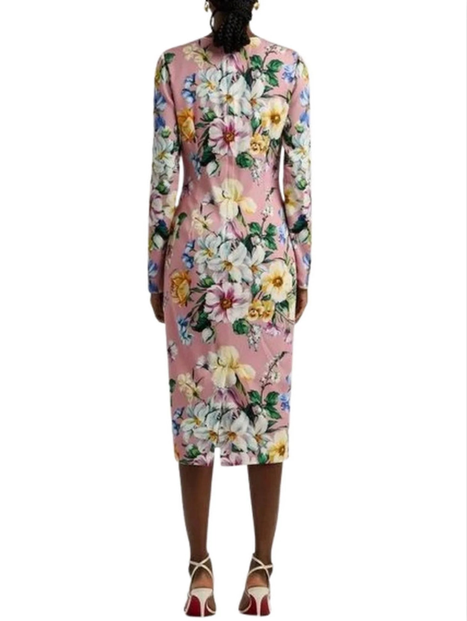 Pink Silk Sheath Dress with Multicolor Floral Print - Dresses