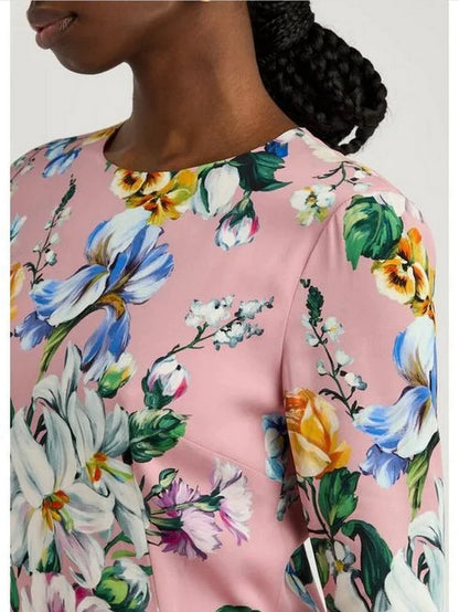 Pink Silk Sheath Dress with Multicolor Floral Print - Dresses