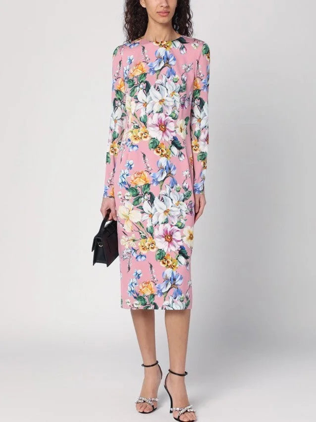 Pink Silk Sheath Dress with Multicolor Floral Print - Dresses