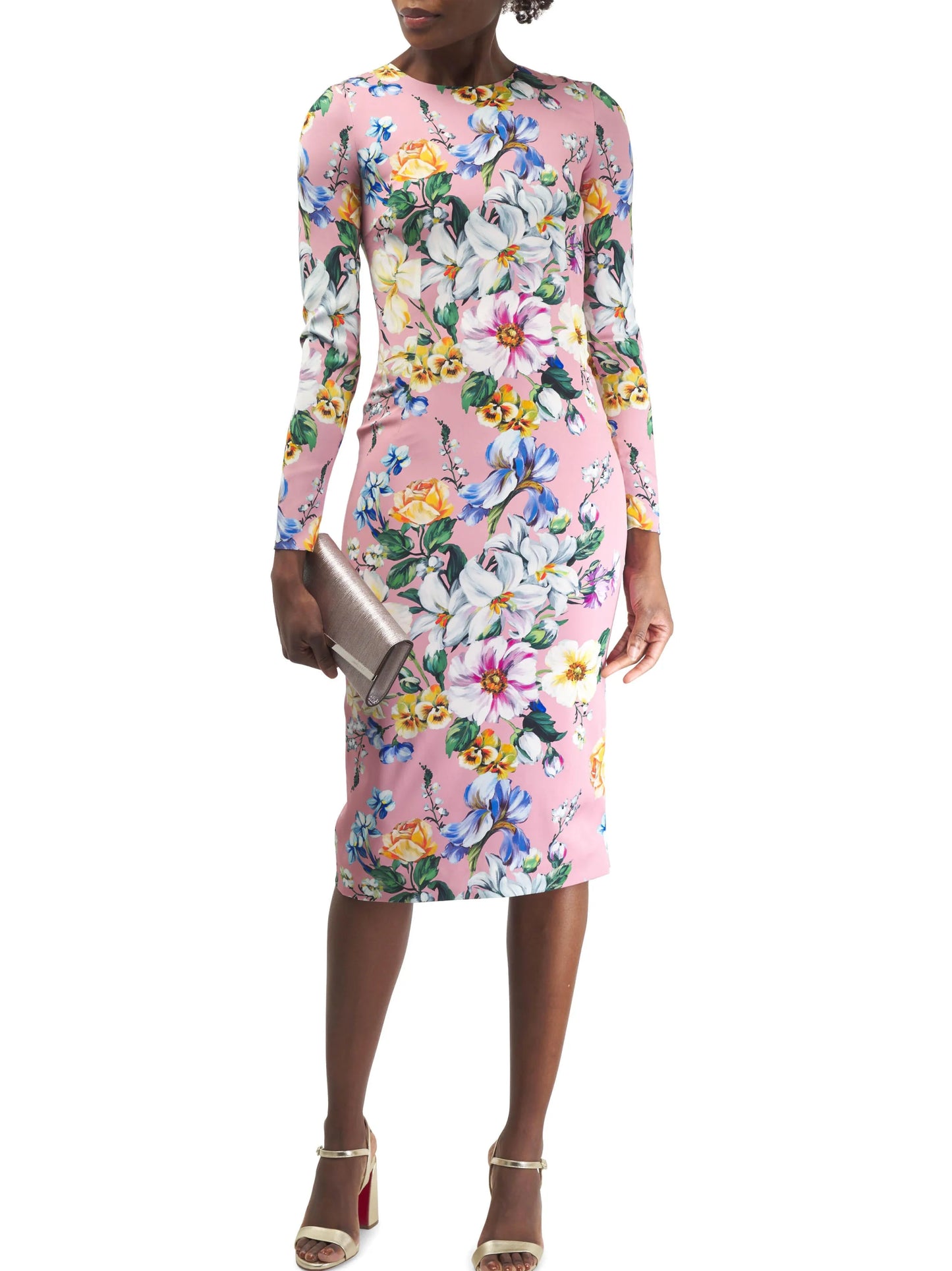 Pink Silk Sheath Dress with Multicolor Floral Print - S - Dresses