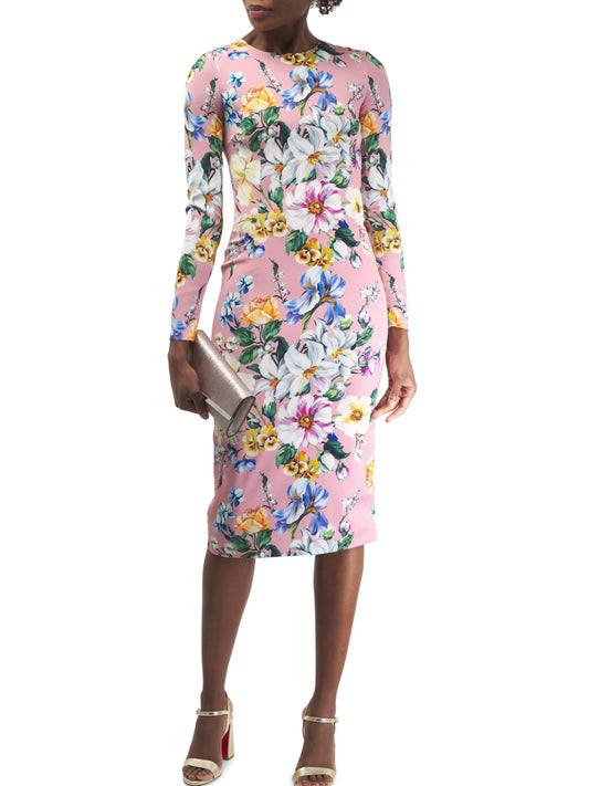 Pink Silk Sheath Dress with Multicolor Floral Print - S - Dresses