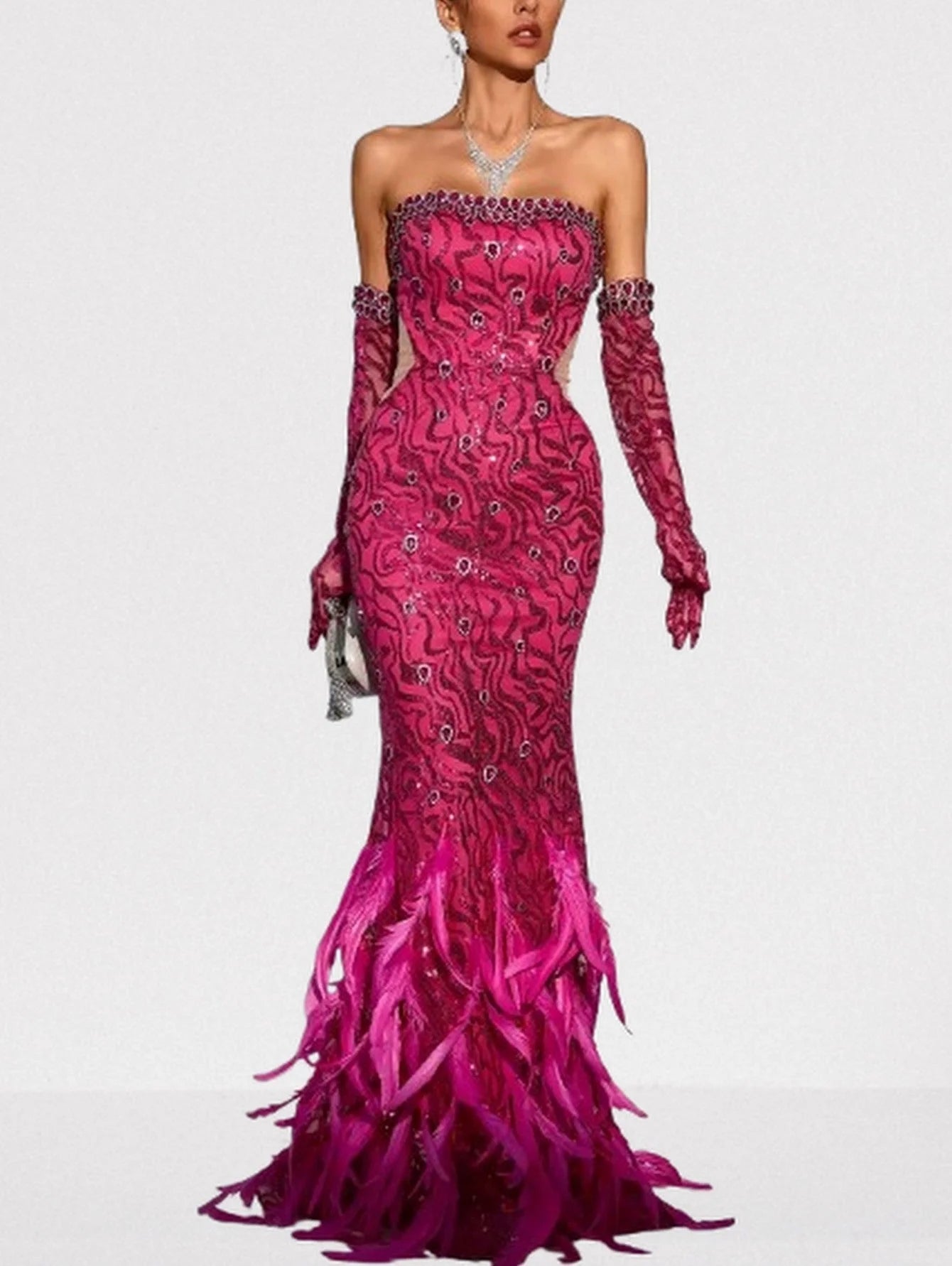 Pink Strapless Jewel Sequin and Feather Gown - Dresses