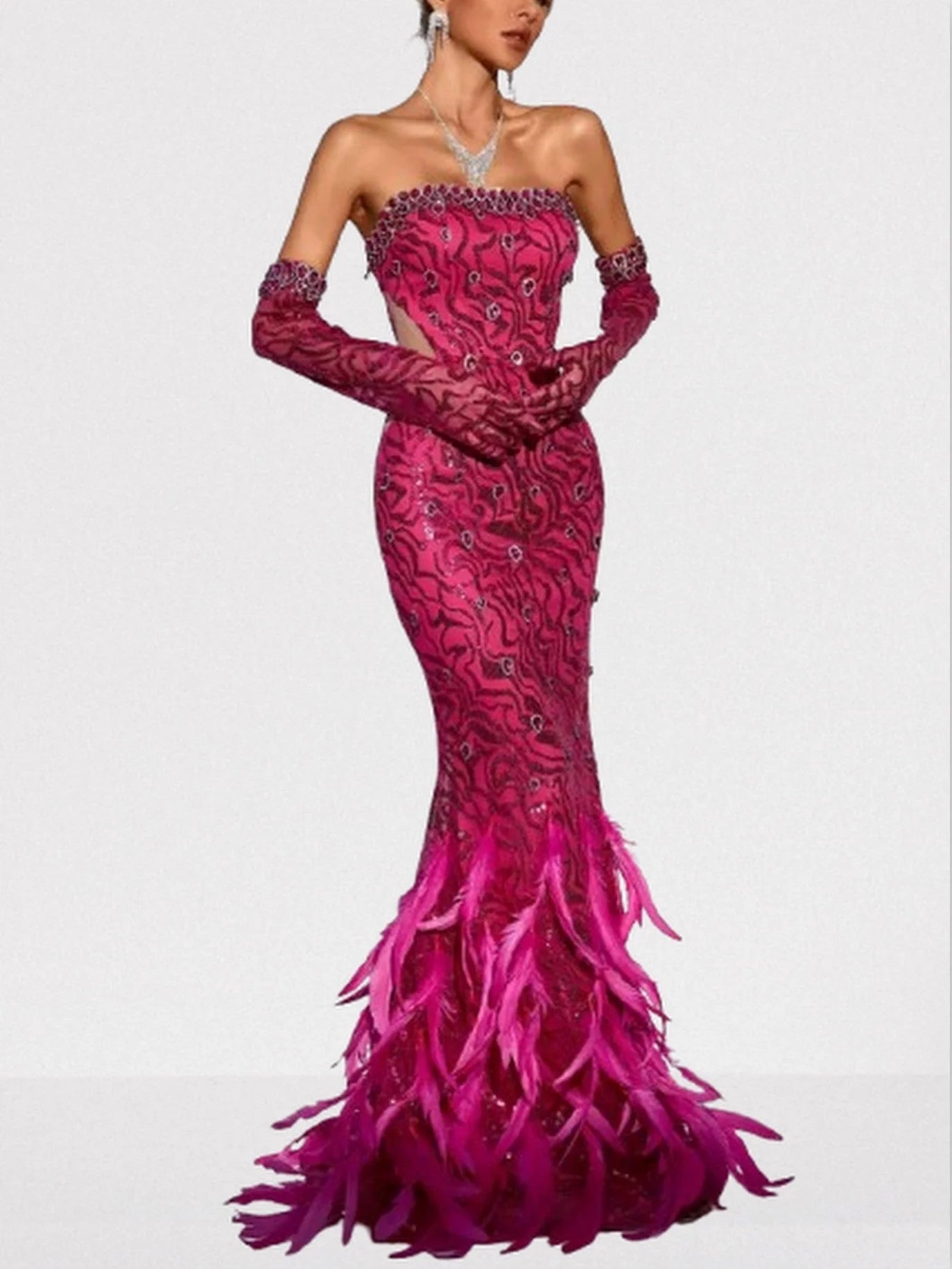 Pink Strapless Jewel Sequin and Feather Gown - Dresses