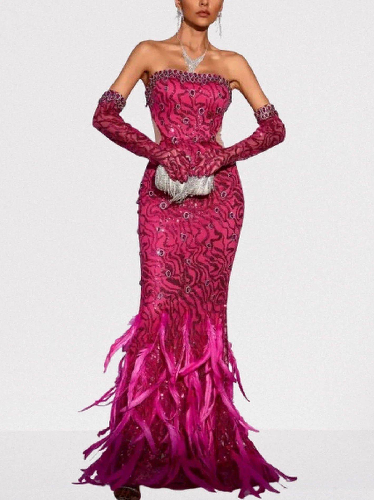 Pink Strapless Jewel Sequin and Feather Gown - Dresses