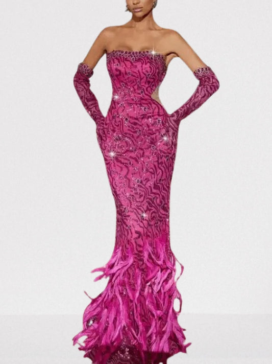 Pink Strapless Jewel Sequin and Feather Gown - Small - Dresses