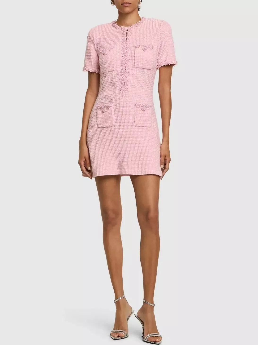 Pink Textured Faux-Pearl-Trim Mini Dress - Dresses