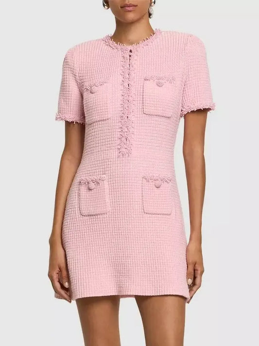 Pink Textured Faux-Pearl-Trim Mini Dress - Dresses