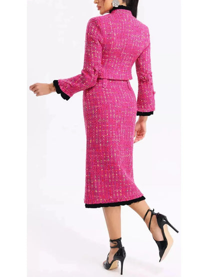 Pink Tweed Cropped Jacket and Skirt Set with Multicolor Details - Suits & Sets