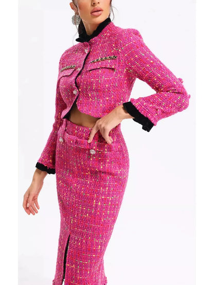 Pink Tweed Cropped Jacket and Skirt Set with Multicolor Details - Suits & Sets