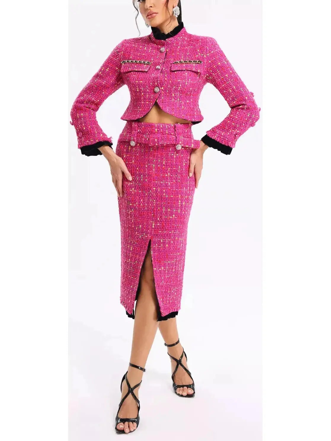 Pink Tweed Cropped Jacket and Skirt Set with Multicolor Details - Suits & Sets