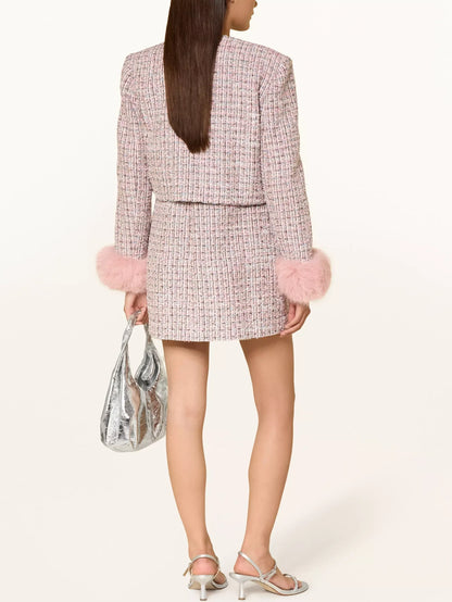 Pink Tweed Fur-Cuff Jacket and Skirt Set - Suits & Sets