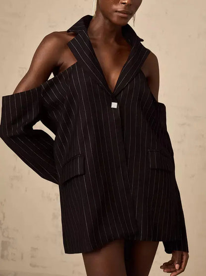 Pinstripe Cold-Shoulder Open-Back Blazer - One size - Jackets