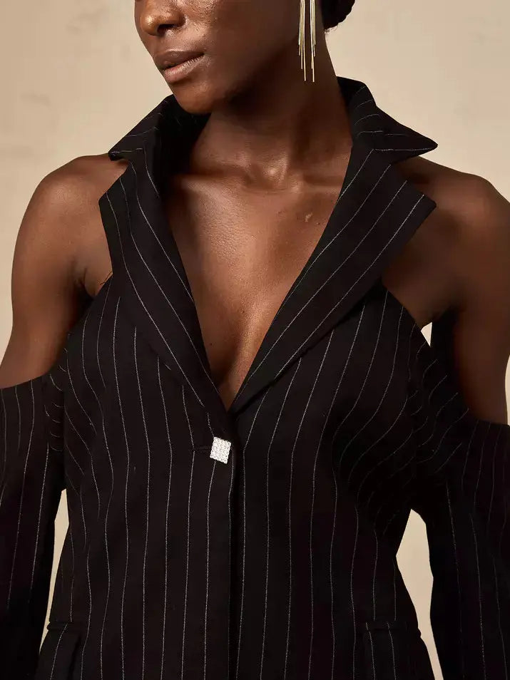 Pinstripe Cold-Shoulder Open-Back Blazer - One size - Jackets