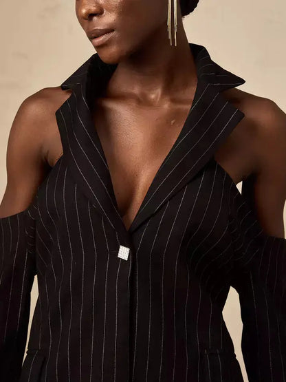 Pinstripe Cold-Shoulder Open-Back Blazer - One size - Jackets